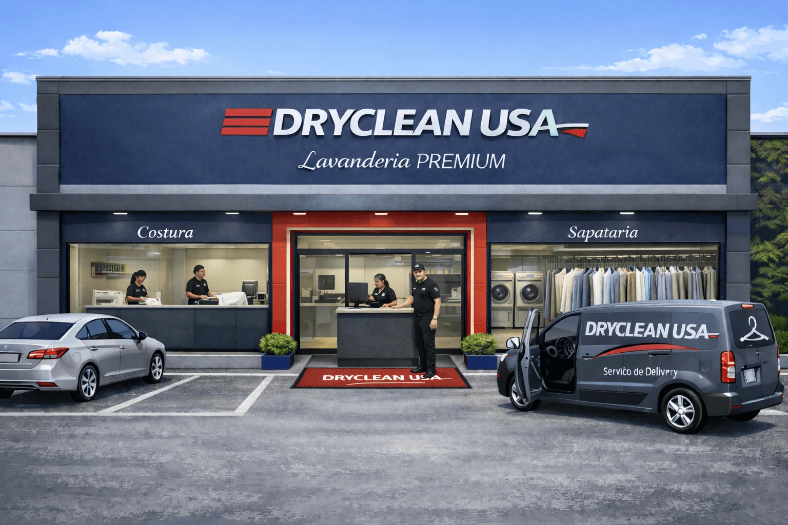 Fachada de uma loja de rua DryClean USA, com vitrine de atendimento e veiculo de delivery