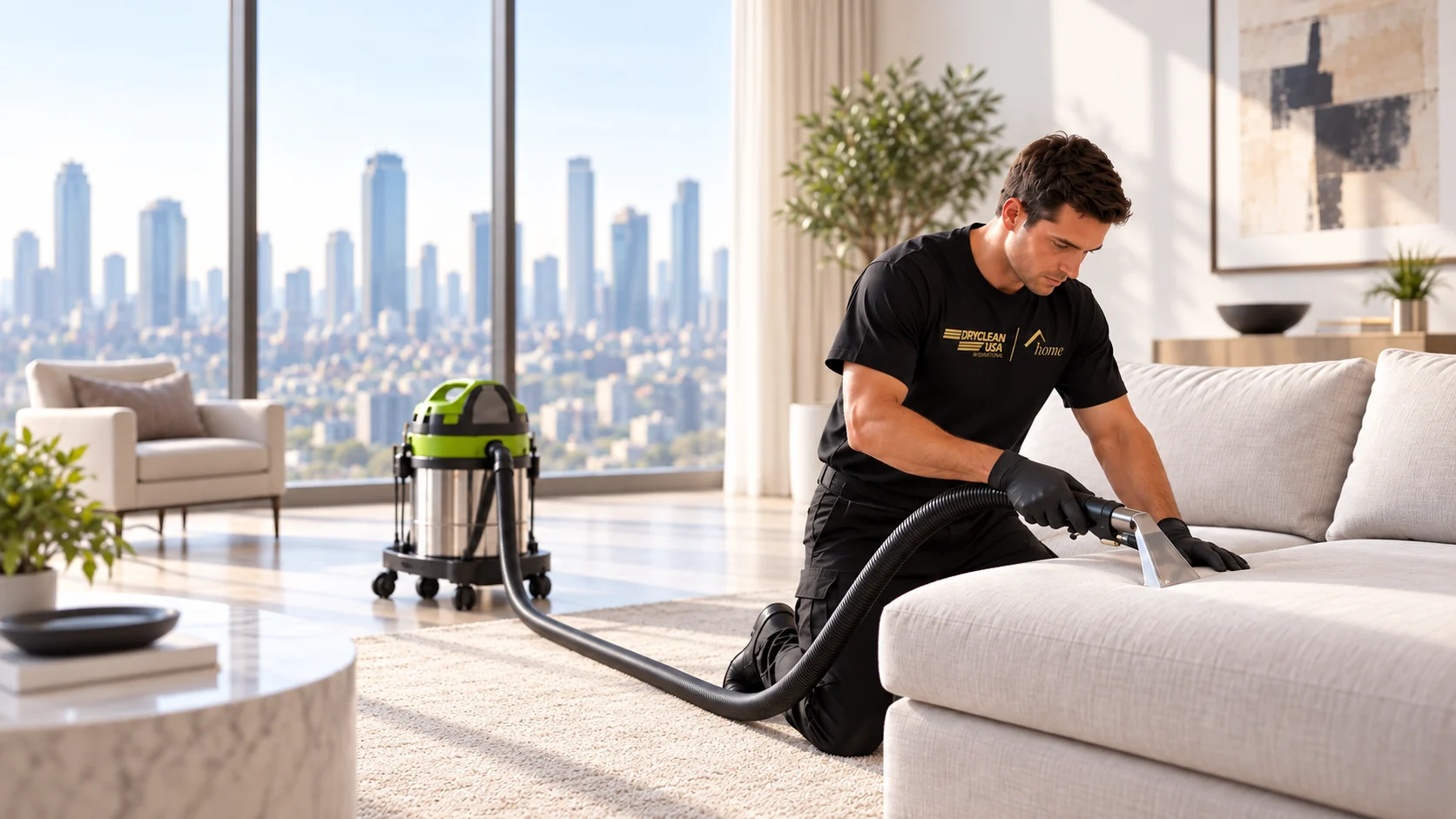 Técnico da DryClean USA Home higienizando um sofá claro numa sala de estar com vista para a cidade