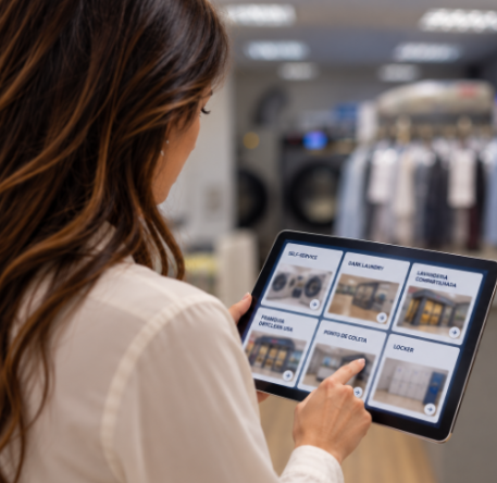 Pessoa usando um tablet para consultar formatos de investimento em uma lavanderia