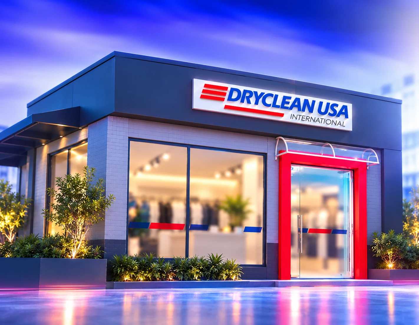 Fachada de uma Loja Boutique DryClean USA, com vitrine iluminada e porta de entrada vermelha