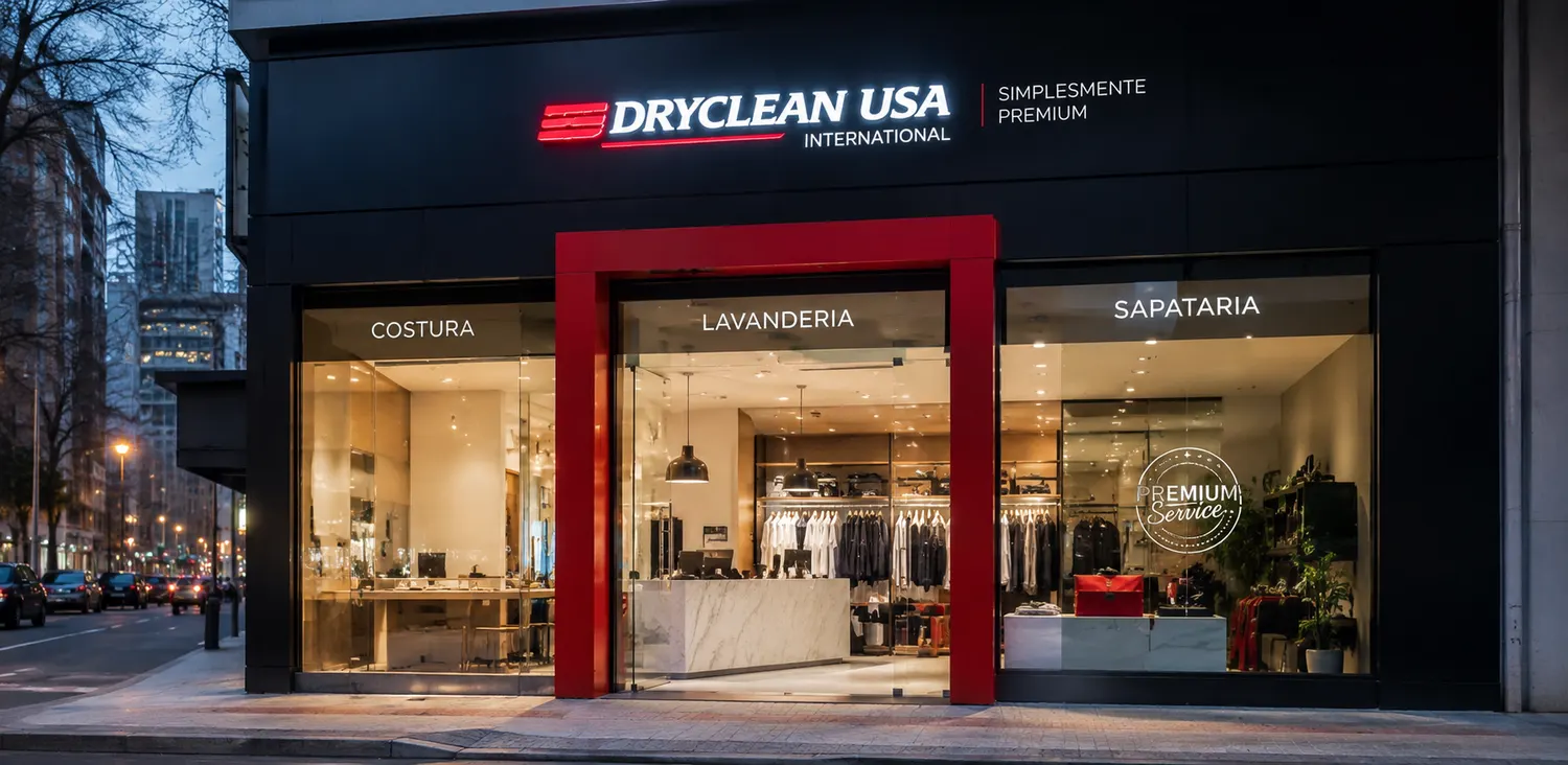 Fachada de uma loja DryClean USA a noite, com vitrine iluminada