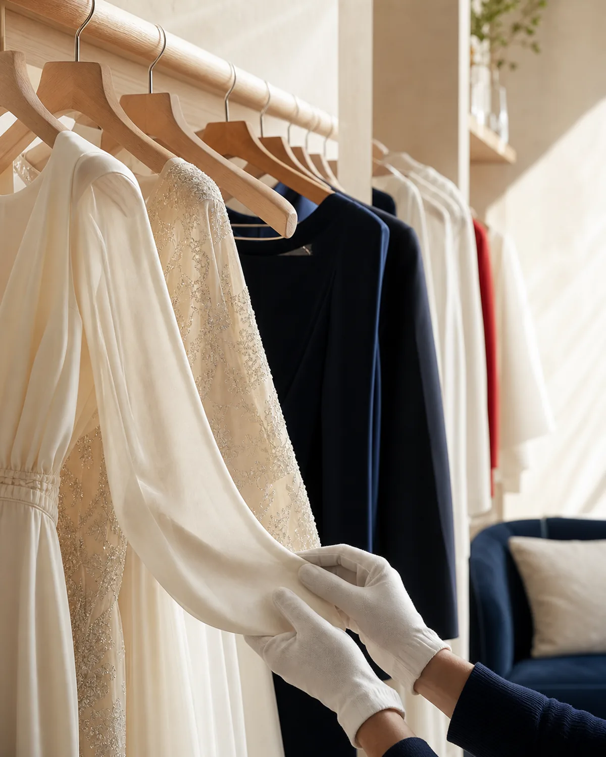 Vestidos de festa em seda creme e veludo azul-marinho pendurados em cabides de madeira, manuseados por m&atilde;os com luvas brancas