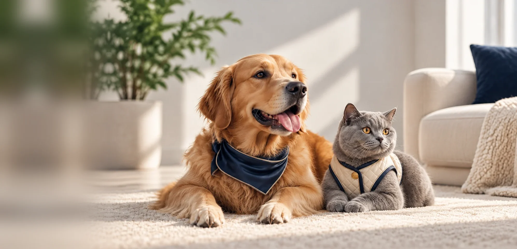 Cão golden retriever e gato cinza deitados lado a lado no tapete de uma sala clara