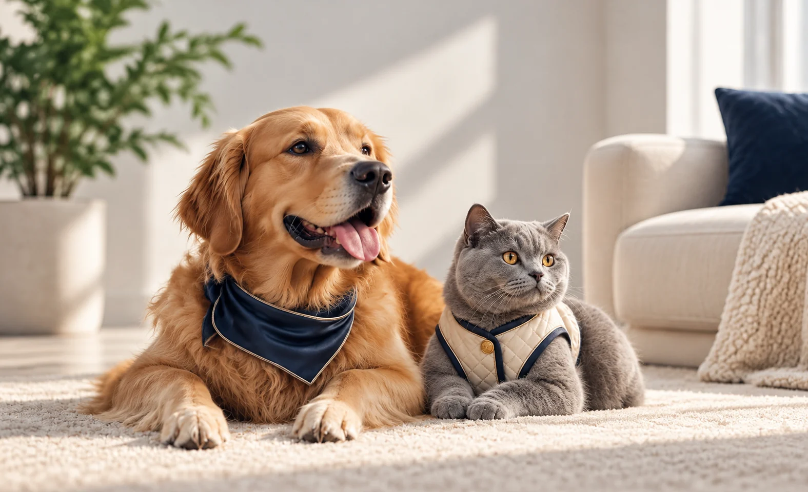 Cão golden retriever e gato cinza deitados lado a lado no tapete de uma sala clara