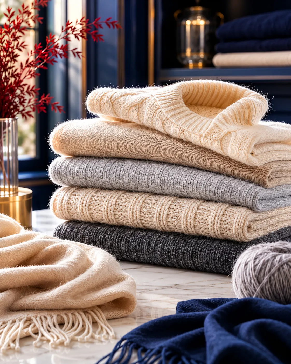 Pilha de tric&ocirc;s de cashmere em tons creme, camelo, cinza e grafite sobre m&aacute;rmore, ao lado de uma manta clara com franjas